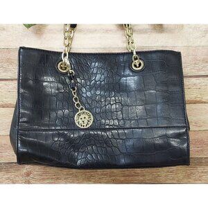 Black Anne Klein Faux Croc Shoulder Bag Purse with Gold Tone Hardware Logo Charm